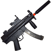 MP5K gel blaster in black, designed by XYL with a compact body, green LED sight, and reliable nylon gearbox.